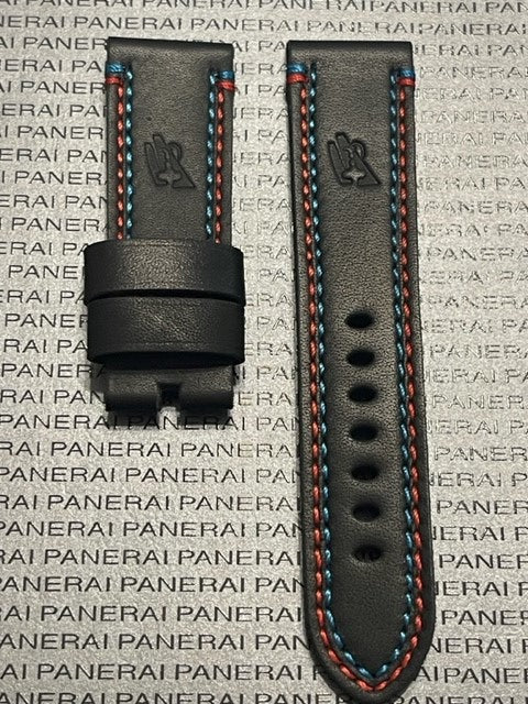 Panerai 24/22MM Black Calf Tang Strap with Blue and Red Stitching