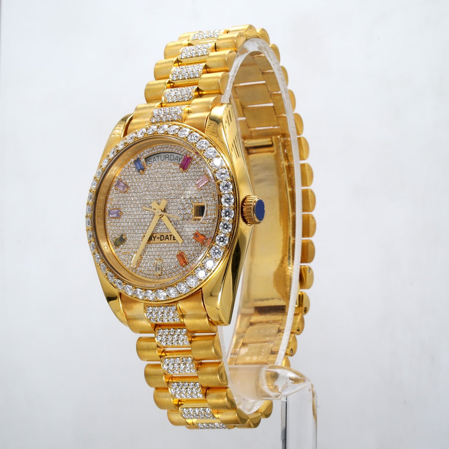 Yellow gold rollie with mutlicolor dial