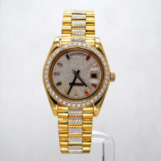 Yellow gold rollie with mutlicolor dial