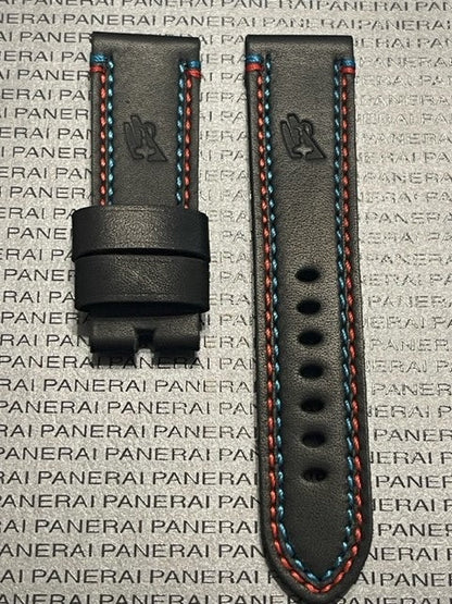 Panerai 24/22MM Black Calf Tang Strap with Blue and Red Stitching