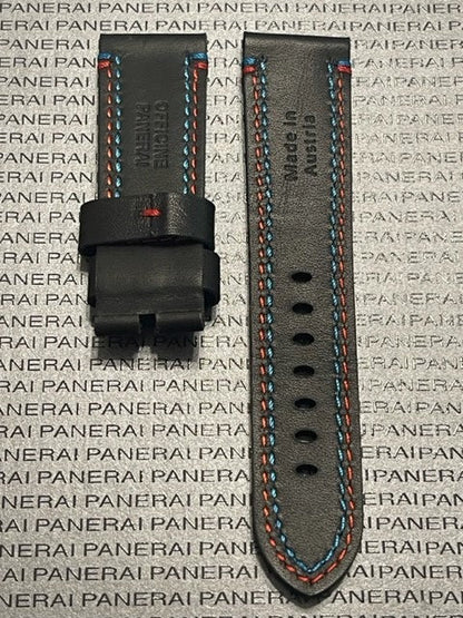 Panerai 24/22MM Black Calf Tang Strap with Blue and Red Stitching
