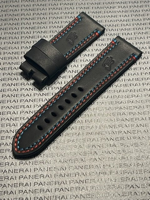 Panerai 24/22MM Black Calf Tang Strap with Blue and Red