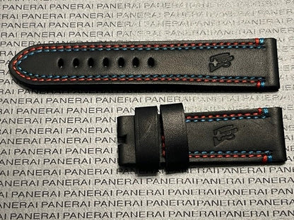 Panerai 24/22MM Black Calf Tang Strap with Blue and Red Stitching